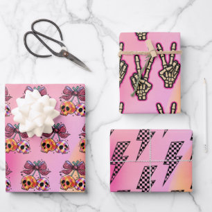 Hoja De Papel De Regalo Rock n Roll Skulls rosados Skeleton Halloween