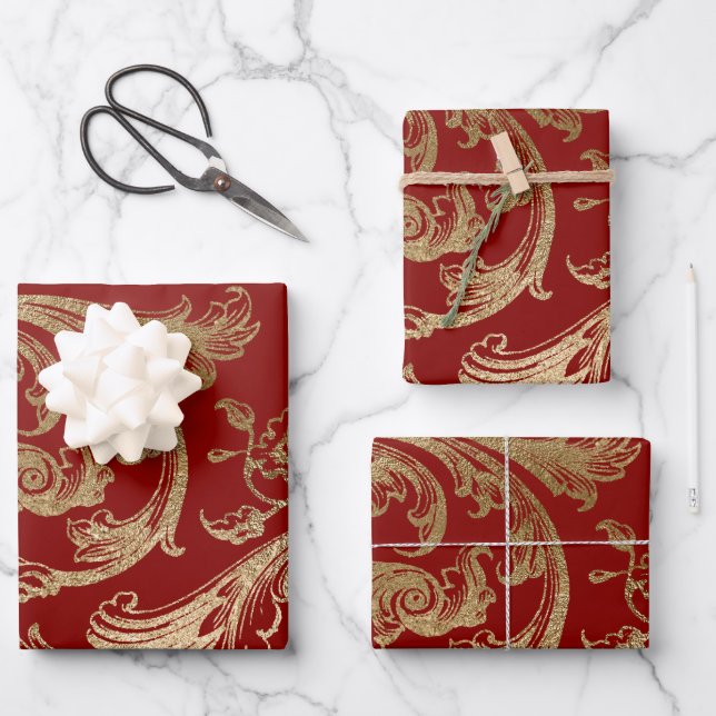 Hoja De Papel De Regalo Rococo Barroco Remolino Dorado Rojo (Anverso)