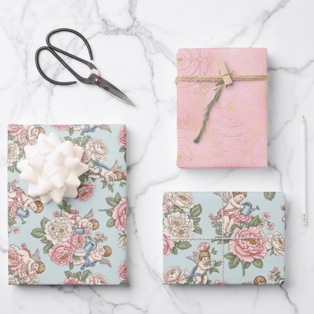 Hoja De Papel De Regalo Rococo Revival Cherub Floral Toile Wrapping Paper (Anverso)