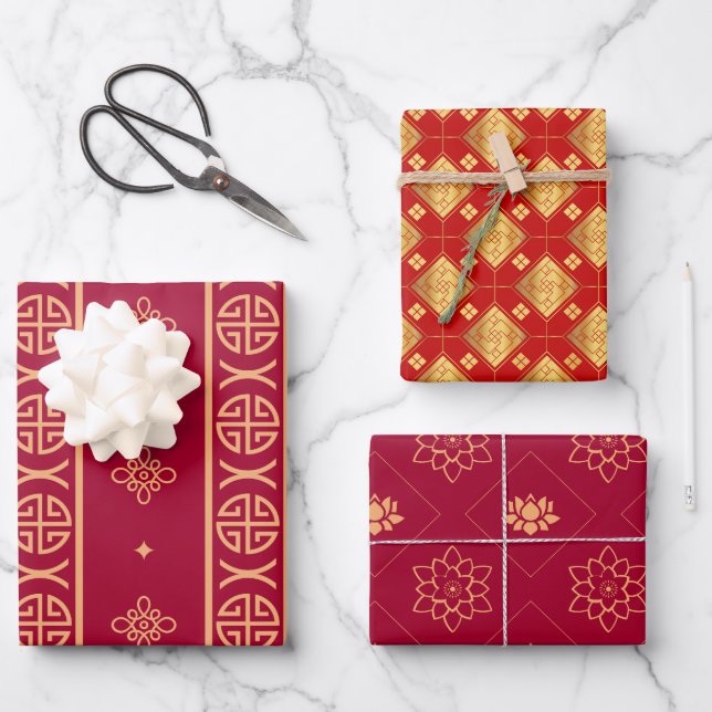 Hoja De Papel De Regalo Rojo Asiático Y Oro (Anverso)