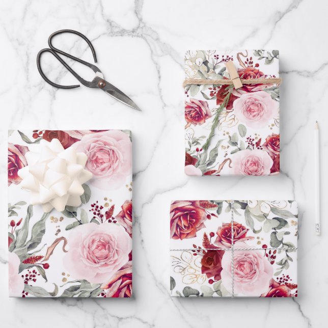 Hoja De Papel De Regalo Rojo Burdeos y Floral Botánico Elegante (Anverso)