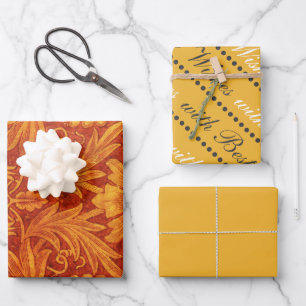 Hoja De Papel De Regalo Rojo floral y amarillo dorado Wm Morris
