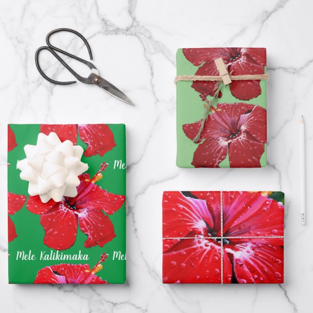 Hoja De Papel De Regalo Rojo Hibiscus Mele Kalikimaka (Anverso)