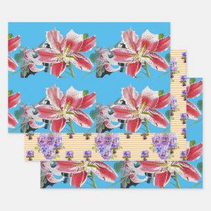 Hoja De Papel De Regalo Rojo Rosa Lily Flor Floral Lilies Acuarela Azul