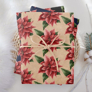 Hoja De Papel De Regalo Rojo Rústico Poinsettia Patrón Floral Navidad