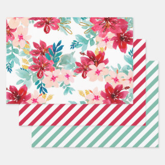 Hoja De Papel De Regalo Rojo Teal Acuarela Floral Verdor Raya