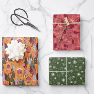 Hoja De Papel De Regalo Rojo Verde Naranja Navidad Bosque Pueblo