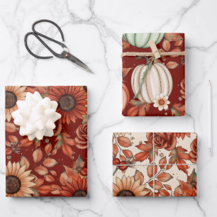 HOJA DE PAPEL DE REGALO ROJO Y AMARILLO FALL SUNFLOWERS Y PUMPKINS DE OTOÑ