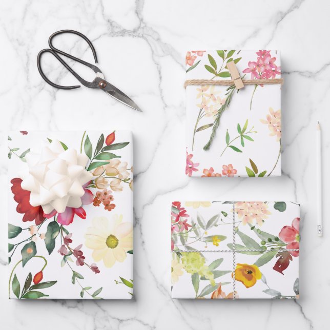 Hoja De Papel De Regalo Rojo y Amarillo Floral (Anverso)