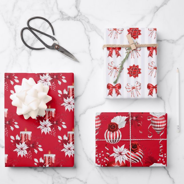 Hoja De Papel De Regalo Rojo y Blanco de Navidad (Anverso)