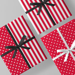 Hoja De Papel De Regalo Rojo y Blanco Diversión y Rayas Únicas y Lunares