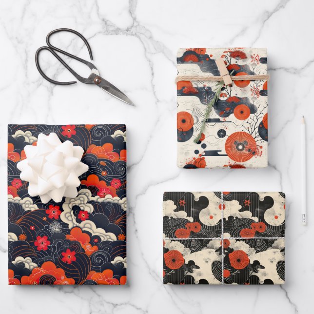 Hoja De Papel De Regalo Rojo y negro Japandi Oriental (Anverso)