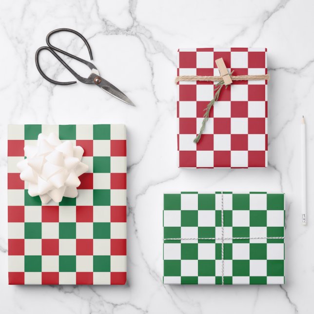 Hoja De Papel De Regalo Rojo y Verde Retro Check (Anverso)