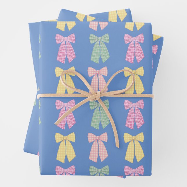 Hoja De Papel De Regalo Romance moderno Coquette Hair Bow Patrón Azul (In situ)