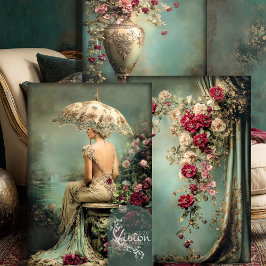 Hoja De Papel De Regalo Romantic Floral, Lady & a Parasol, Matching Set