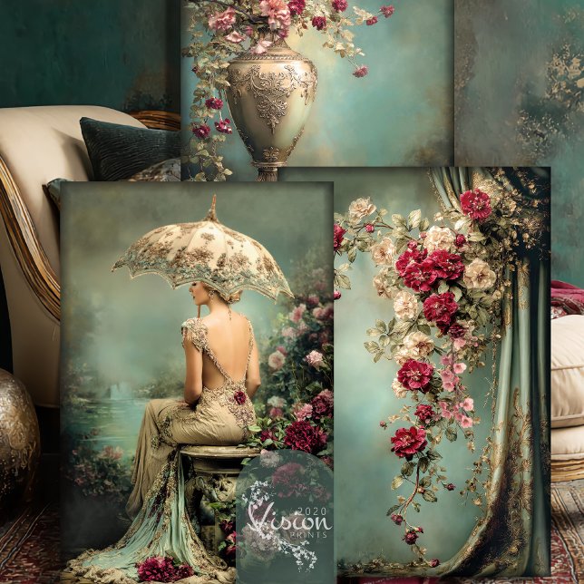 Hoja De Papel De Regalo Romantic Floral, Lady & a Parasol, Matching Set (Romantic Floral Sage Green and Crimson Pink, Lady & a Parasol, Matching Heavyweight Decoupage)