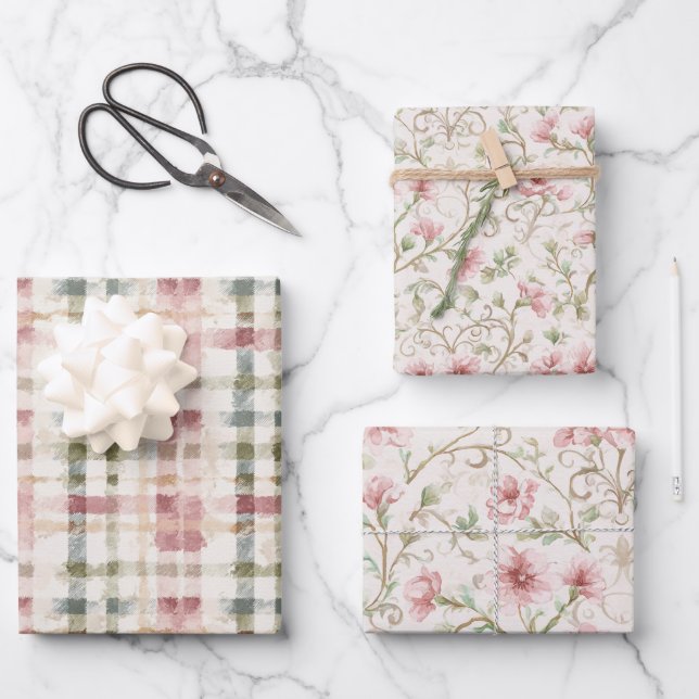 Hoja De Papel De Regalo Romantic Pink Cream Floral (Anverso)