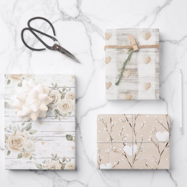 Hoja De Papel De Regalo Romántico Crema Floral Blanca Boho Bridal Shower (Anverso)