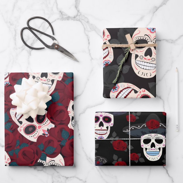 Hoja De Papel De Regalo Romántico Halloween Sugar Skull Mexicano (Anverso)