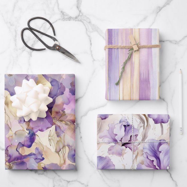 Hoja De Papel De Regalo Romántico Morado Oro Iris Boda Floral (Anverso)