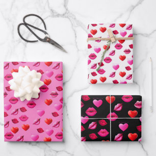 Hoja De Papel De Regalo Románticos corazones rosados y negros y besos de S