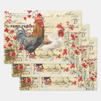 Hoja De Papel De Regalo Rooster de época y Hen Ephemera