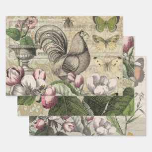 Hoja De Papel De Regalo Rooster Garden Flower Butfly Art