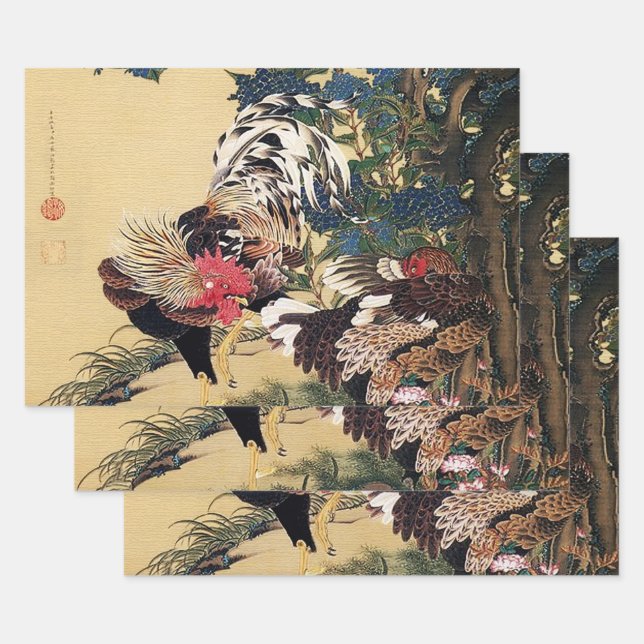 Hoja De Papel De Regalo Rooster Hen e Hydrangea por Ito Jakuchu (Set)