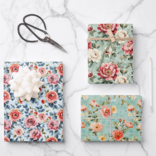 Hoja De Papel De Regalo Rosa Azul Shabby Chic Floral Vintage Acuarela