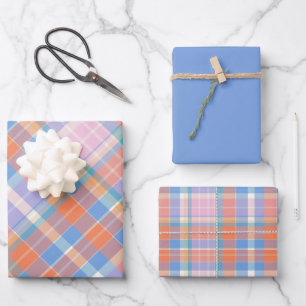 Hoja De Papel De Regalo Rosa brillante, Naranja, Lilac y Blue Plaid