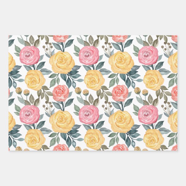 Hoja De Papel De Regalo Rosa de acuarela rosa y amarillo (Anverso)