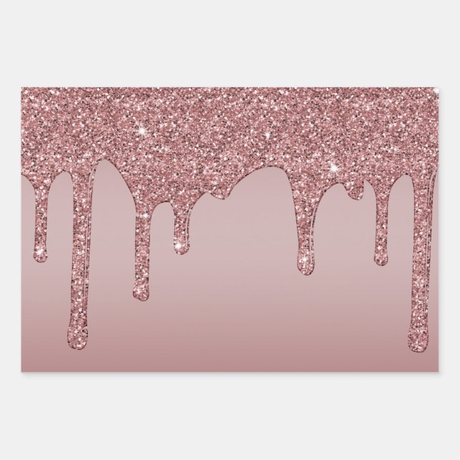 Hoja De Papel De Regalo Rosa de lujo Gold Sparkle Glam Purpurina Drips (Anverso)