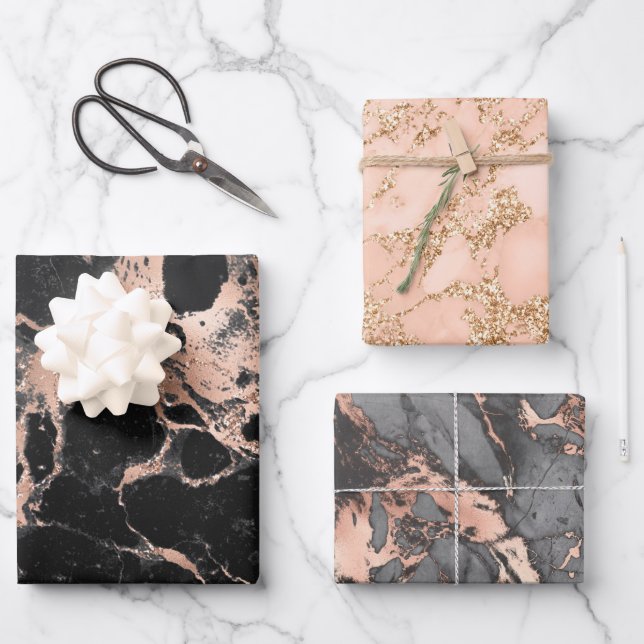 Hoja De Papel De Regalo Rosa de oro de purpurina de mármol negro (Anverso)