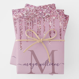 Hoja De Papel De Regalo Rosa De Perforaciones Purpurinas Monograma Y Nombr
