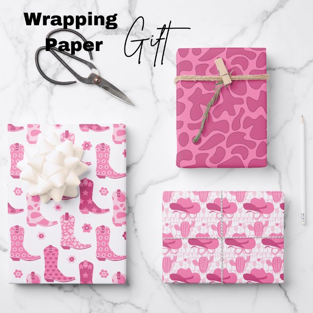 Hoja De Papel De Regalo Rosa de vaca retro (Cowgirl wrapping paper sheets, cowgirl boots, hat, sunglasses, cacti, pink)