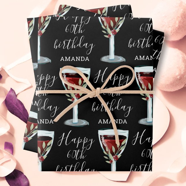 Hoja De Papel De Regalo Rosa de vino rojo acuarela 60 cumpleaños (Subido por el creador)