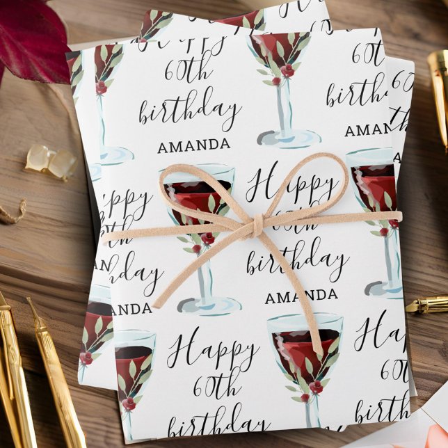 Hoja De Papel De Regalo Rosa de vino rojo acuarela 60 cumpleaños (Subido por el creador)