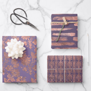 Hoja De Papel De Regalo Rosa dorado glamuroso con lámina y patrones de lav