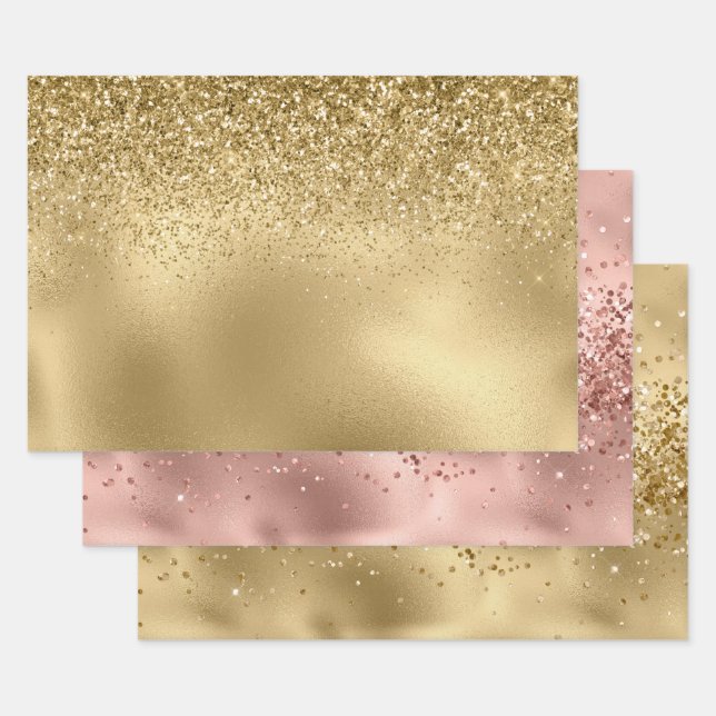 Hoja De Papel De Regalo Rosa Glam Gold Glitzy Sparkle Purpurina  (Set)