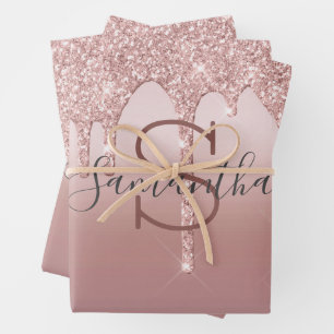 Hoja De Papel De Regalo Rosa Monograma Dorado Glitter Goteo Tono Rosa Tend