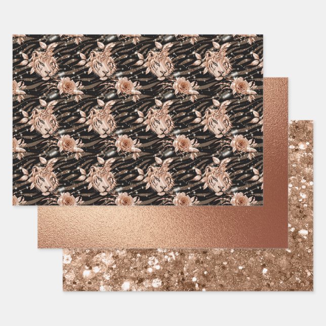 Hoja De Papel De Regalo Rosa Negra Dorado Tigre Floral Glam Brillante (Set)