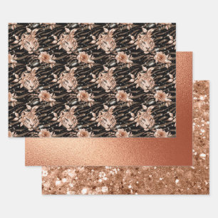 Hoja De Papel De Regalo Rosa Negra Glam Floral Tigre Dorado Brillo