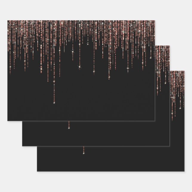 Hoja De Papel De Regalo Rosa negro de lujo Oro Sparkly Purpurina Fringe (Set)