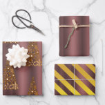 Hoja De Papel De Regalo Rosa oscuro oro Navidades rosados dudosos<br><div class="desc">Este trío de bonito de Navidades envueltos en papel presenta un tema de oro de rosa oscuro, con la primera hoja mostrando un magnífico patrón dorado de árboles de Navidad metálicos con un aspecto contemporáneo; la segunda hoja el fondo de gradiente color dorado/rosado oscuro y la tercera hoja de rayas...</div>