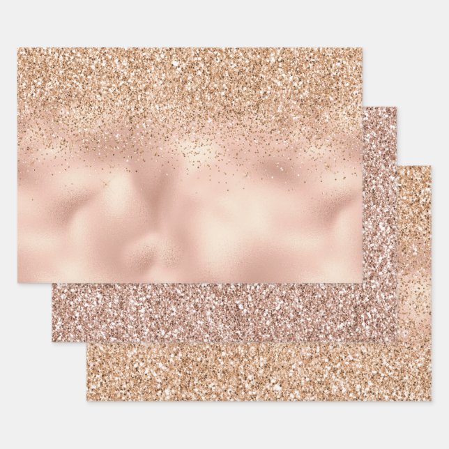 Hoja De Papel De Regalo Rosa Peach Gold Glitzy Purpurina (Set)