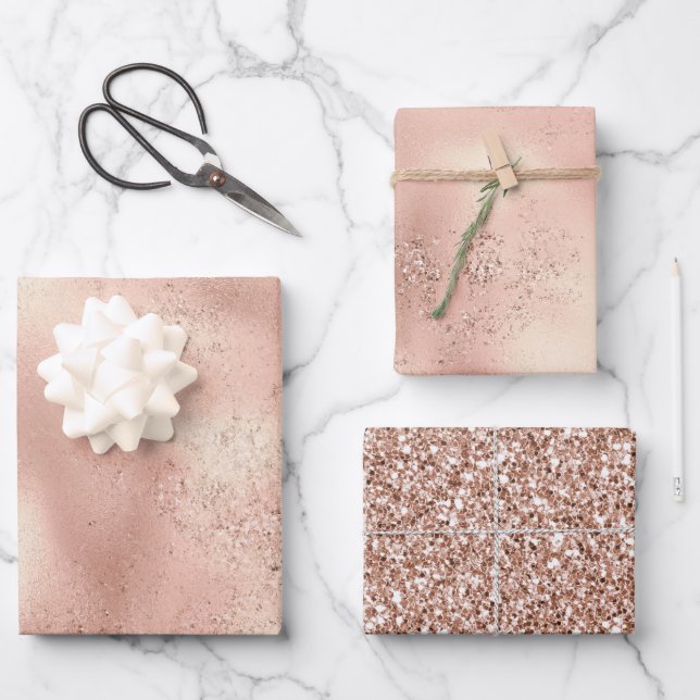 Hoja De Papel De Regalo Rosa Peach Gold Glitzy Purpurina (Anverso)