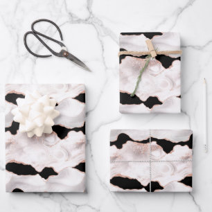 Hoja De Papel De Regalo Rosa Purpurina de oro Agate Black White Swirl