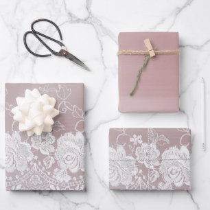Hoja De Papel De Regalo Rosa Romántica Rosa Beige Blanco Encaje Floral Bod