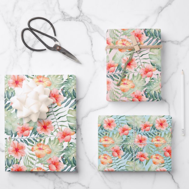 Hoja De Papel De Regalo Rosa Tropical Hibiscus Floral   (Anverso)