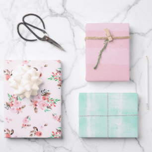 Hoja De Papel De Regalo Rosa y menta Flores acuarela y rayas sutiles